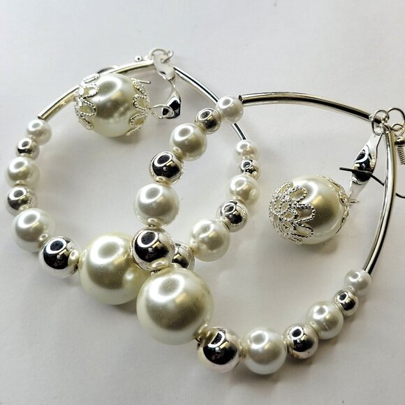 White Pearl with Silver Bead Large Teardrop Earrings Pearl Statement Earrings - Picture 1 of 7